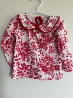 Ruffle Butts Holiday Christmas Girls' Red Floral Print Peter Pan Collar Top